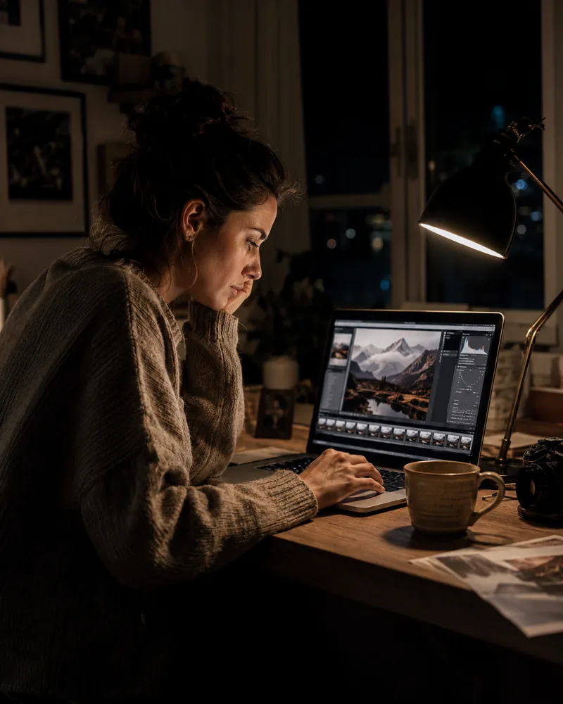 Fotógrafa editando fotos até tarde da noite
